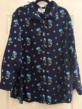 Mainstreets Blues Navy Button-Front Floral Shirt